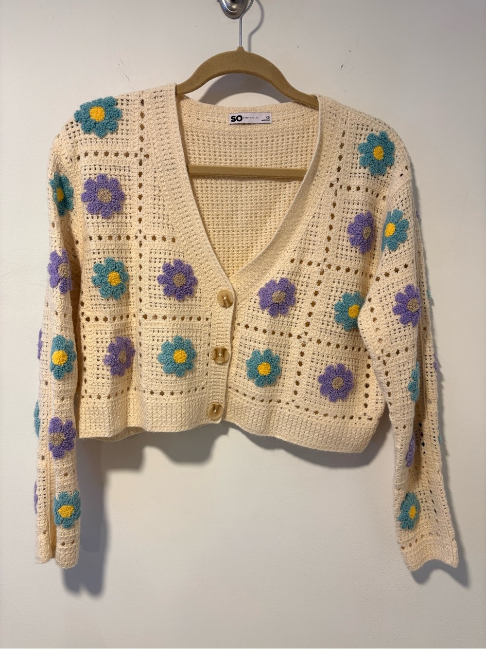 SO Cream Crochet V-Neck Cardigan Sweater with Purple & Teal Floral Open Knit XS